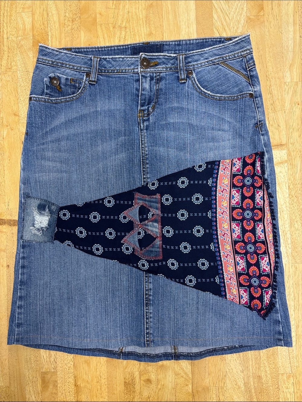 Vintage l.e.i. Reworked Patchwork Denim Skirt Boho Bandana Upcycled Midi Y2K